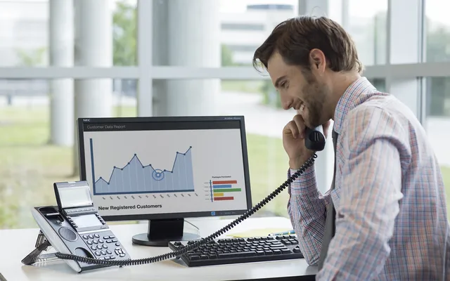 Medewerker met financieel overzicht op het scherm